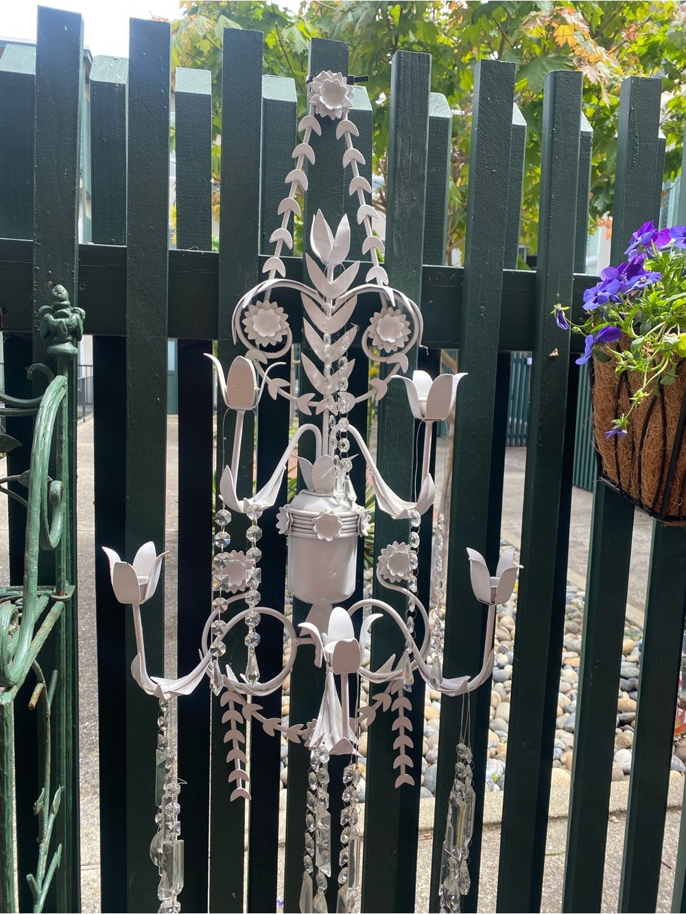 Pair of Vintage Heavy Large Ornate Metal Floral Wall Chandeliers with Crystals